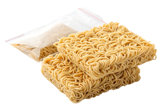 Two blocks of instant ramen noodles with seasoning packet isolated on transparent background