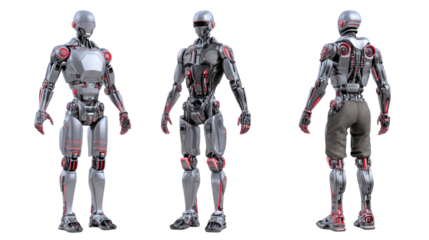Futuristic Robot in 3 Poses: A cutting-edge illustration showcases a sleek, metallic robot in three distinct poses, highlighting its advanced design and technological prowess.