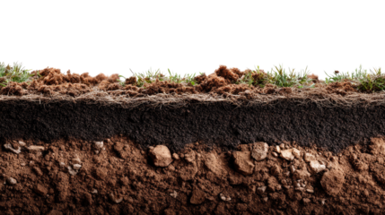 Soil Layers Cross Section: A detailed cross-section of soil reveals layers of earth, grass, and rocks. illustrating the intricate composition and texture of the earth's surface.