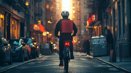 Fototapeta premium A cyclist delivers food through a city street at sunset, illuminated by warm light and surrounded by urban buildings.