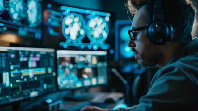 Man working with multiple computer screens displaying data and graphics in a high-tech environment