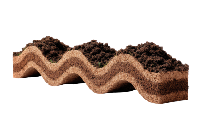 Layered Earth Soil Model: A cross-section model reveals the intricate layers of earth and soil in an illustrative display, showcasing its natural formation and texture.
