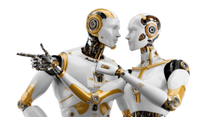 Robotic Interaction: Two humanoid robots engage in a captivating interaction, their sleek, metallic forms reflecting the potential of artificial intelligence and advanced technology.