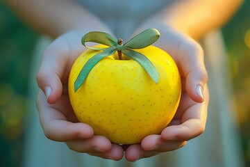 Hands holding a yellow apple with a green ribbon in a natural outdoor setting during daylight