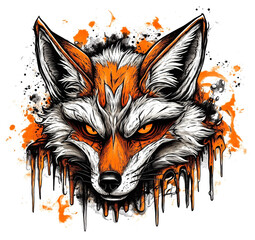 Illustrated portrait of a fox, bold orange and black colors and dynamic brush strokes