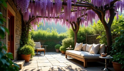 Fototapeta premium Wisteria Covered Patio Tranquil Outdoor Daybed and Dappled Sunlight A Shaded and Fragrant Garden Retreat for Relaxation