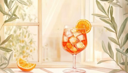 A vibrant Aperol Spritz, ice-filled, sits by a sun-drenched window.  Olive branches frame the scene