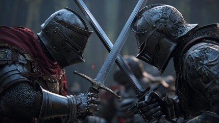 Medieval knights clashing swords in intense duel in forest battlefield scene.