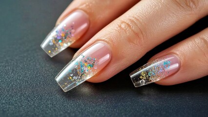 BIAB Nails. Sparkly silver glitter acrylic nails closeup, fashion mani