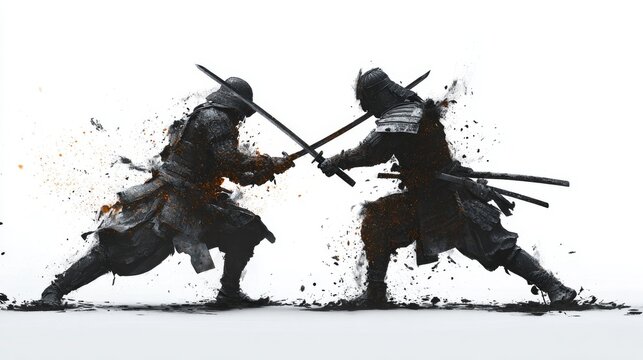 Two samurai warriors clashing with swords in dynamic ink splash style artwork.