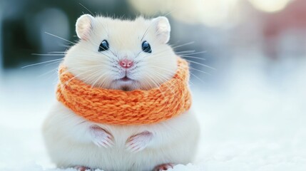 Cute cream hamster wearing orange knitted scarf in snowy winter scene.