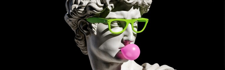 Classical white marble statue with green glasses chewing pink bubblegum on black.