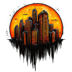 Silhouette of a vibrant city skyline at sunset with reflected colors and details