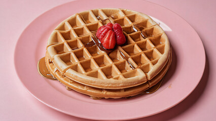 Waffle with syrup on light pink ceramic plate