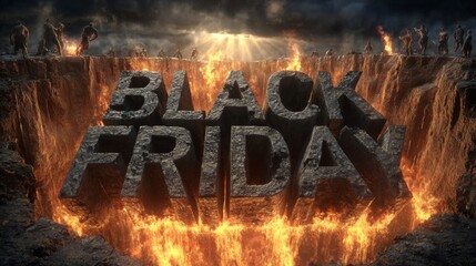 Black Friday text emerging from fiery chasm with dramatic lighting and people above.