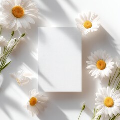 White Daisies Arranged Around Blank Card on White Background