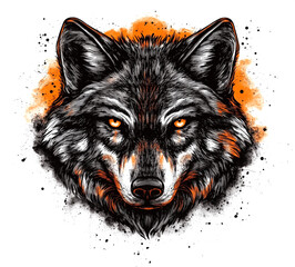 Detailed illustration of a wolf's head with orange background in graphic style
