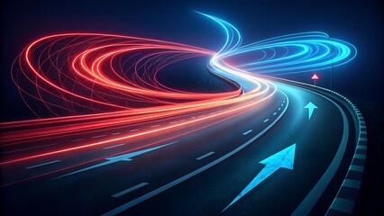 Futuristic highway with red and blue neon light trails and arrows on curved road at night