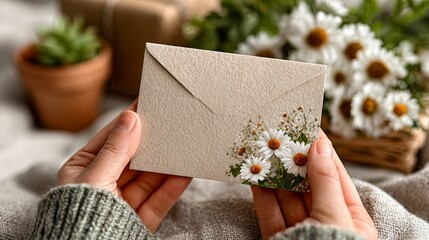 Woman holding craft envelope with daisies in cozy setting, soft focus background.