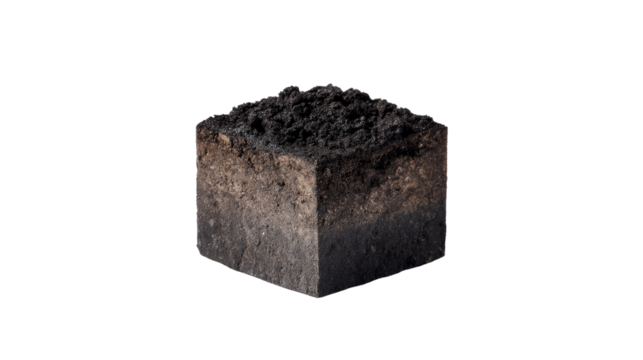 Soil Cube: A cross-section of soil, revealing layers of earth, texture and depth, highlighting the essence of nature's composition.