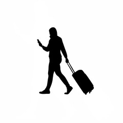 Silhouette of person pulling suitcase with one hand and phone in the other