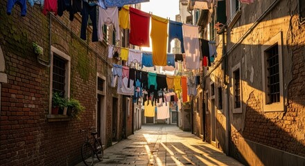 Fototapeta premium Colorful laundry hanging in a narrow venetian alleyway at sunset