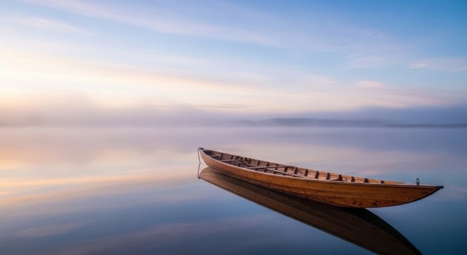 A wooden canoe floats serenely on a misty lake at sunrise
