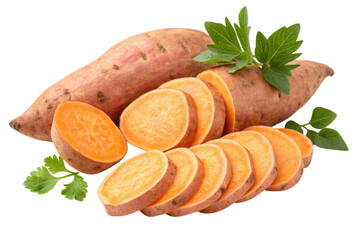 Fresh orange sweet potatoes sliced with green leaves isolated on transparent background