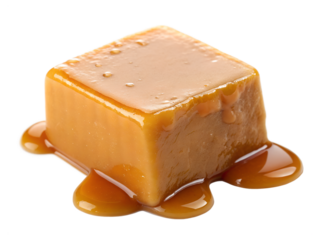 Caramel piece dripping with caramel sauce isolated on transparent background
