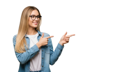 A young caucasian woman in black-framed glasses, blonde hair, white t-shirt, and blue denim shirt, smiling and pointing right with both hands against a sterile white studio background with copy