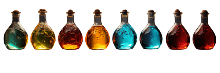 Captivating collection of vibrant potions in vintage glass bottles, perfect for fantasy or scientific themes