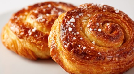 Two golden, spiral-shaped pastries, sprinkled with salt