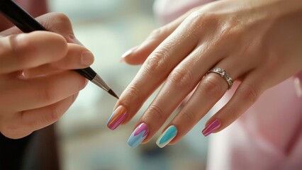 Press On Nails. Aura Nail stickers pitting Russian manicure Jelly Maniko Dashing Diva Staleks Fresha Woman hands with pastel multicolor polish applyin