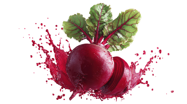 Two halves of a fresh beet with red juice splash isolated on white background
