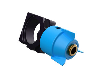 A detailed 3D render of a blue and black industrial nozzle with a brass component, designed for fluid applications. Isolated on a PNG Transparent HD Background for versatility and high resolution