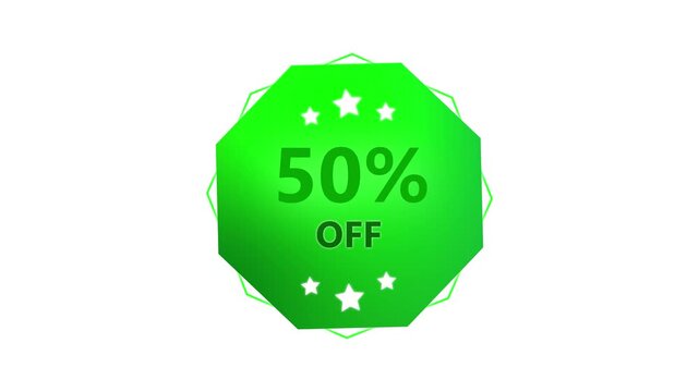 Promotion sale badge animation. Animated 50 percent off badge for marketing use. Green discount badge animation. Looping graphic for ecommerce and shopping deals.