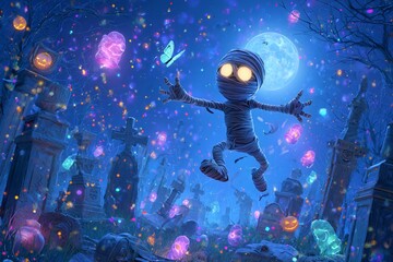 A playful mummy chasing a butterfly through a moonlit graveyard