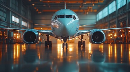 Fototapeta premium Passenger jet positioned in a hangar.
