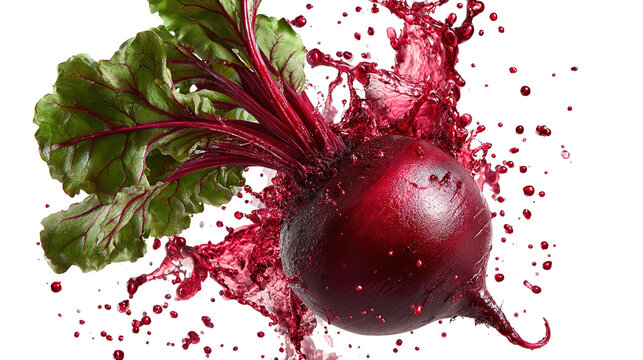 Two halves of a fresh beet with red juice splash isolated on white background