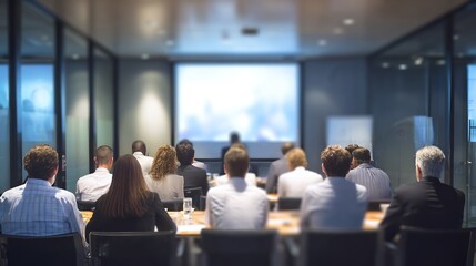 Business meeting conference room with all attendees facing screen backs to camera teamwork concept