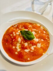 Traditional Italian dish of Gnocchi alla Sorrentina served on a white plate. Soft potato gnocchi baked in a rich tomato sauce with melted mozzarella and fresh basil.