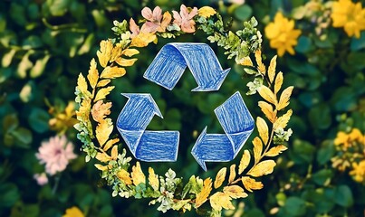 Naklejka premium Eco-Friendly Concept with Blue Recycle Symbol Surrounded by Colorful Flowers and Green Foliage