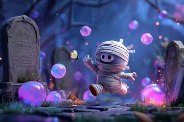 A playful mummy chasing a butterfly through a moonlit graveyard