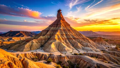 Majestic sandstone formation at sunset, dramatic sky