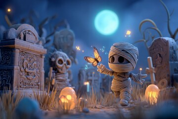 A playful mummy chasing a butterfly through a moonlit graveyard