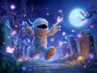 A playful mummy chasing a butterfly through a moonlit graveyard