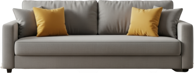 A modern grey sofa with two yellow accent pillows clean design front view isolated on black transparent background