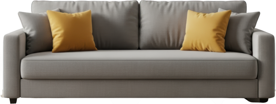 A modern grey sofa with two yellow accent pillows clean design front view isolated on black transparent background