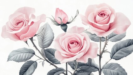 Delicate pink roses with gray leaves on a white background.  A close-up view showcases the soft petals and detailed leaf structure.  The roses and buds are in various stages of bloom, 