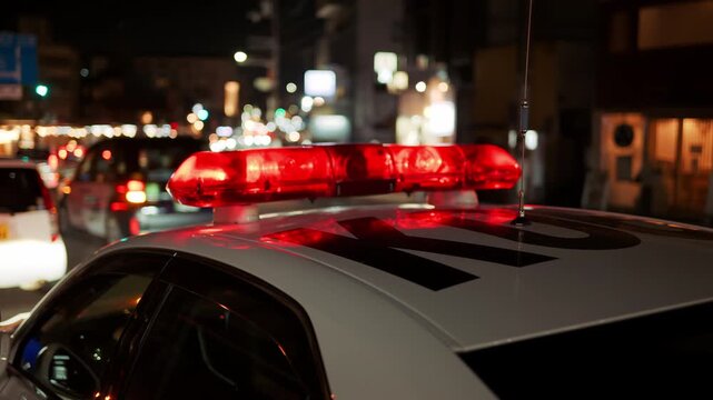 Close up of red police lights on top of a car in the Gion area in the evening in Kyoto, Japan